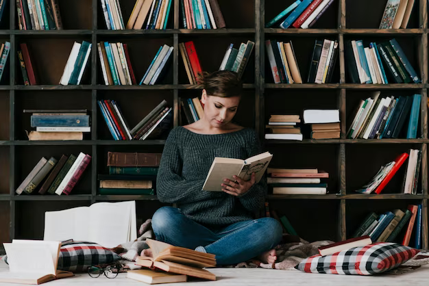 Woman reading a book leaning against a shelf with books