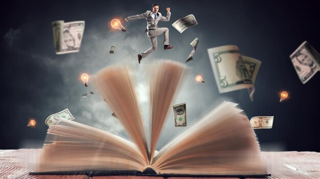 A man jumps over a book next to flying money